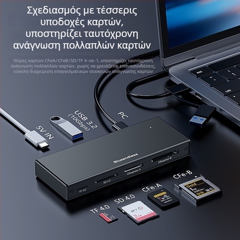 Αναγνώστης καρτών USB 3.2 υψηλής ταχύτητας με πέντε θύρες, υποστήριξη CF/SD/TF, USB-C/USB διπλός συνδετήρας, περίβλημα από κράμα αλουμινίου, τροφοδοσία 5V