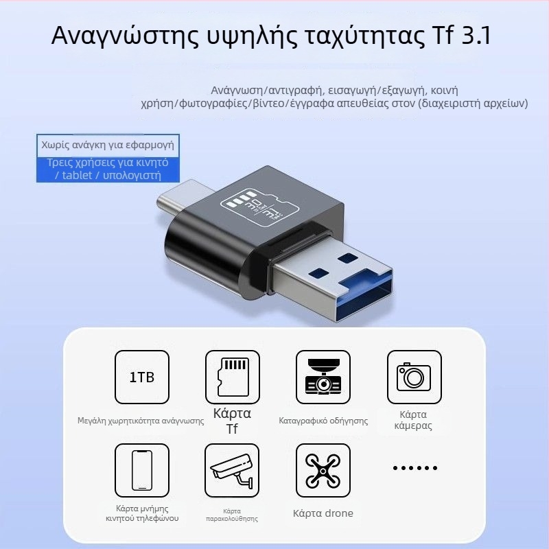 Μίνι φορητός αναγνώστης καρτών TF USB 3.1 με Type-C και USB, μεταλλικό περίβλημα