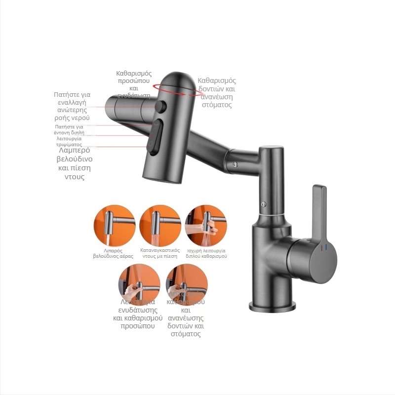 Βρύση νιπτήρα από χαλκό με ψηφιακή οθόνη, περιστρεφόμενη για ζεστό/κρύο, μοντέλο MD-59305-1Q, βαλβίδα με κεραμικό δίσκο, ενσωματωμένη εγκατάσταση