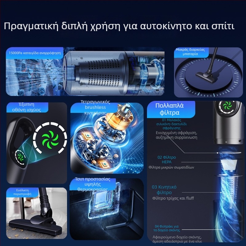 BASDEO Ασύρματος χειρο-κάθετος ηλεκτρικός καθαριστής αυτοκινήτου και σπιτιού — 16000Pa αναρρόφηση, 11.1V, 100W, επαναφορτιζόμενος