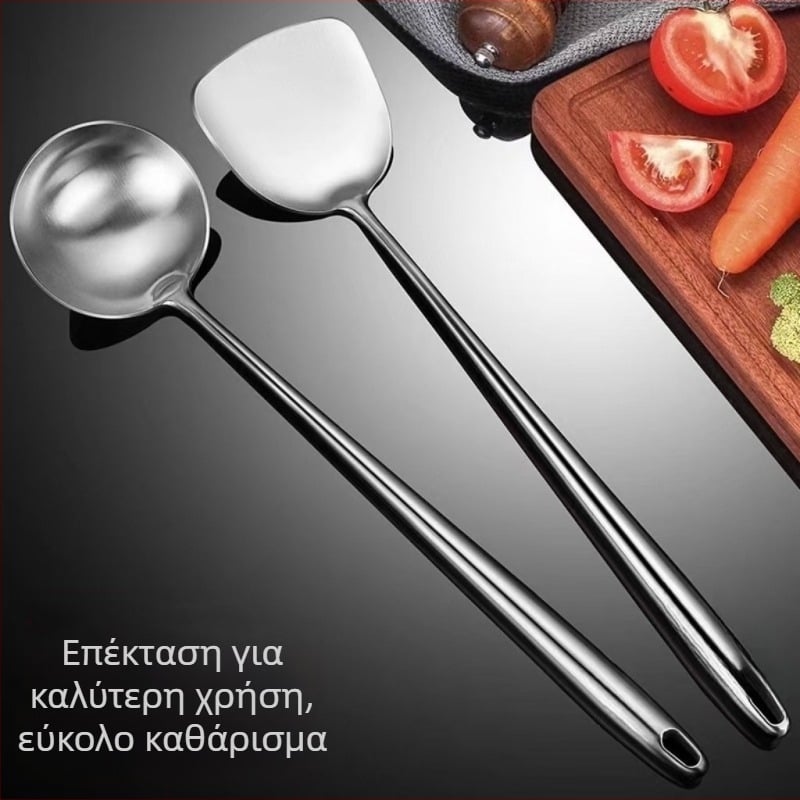 Σετ κουτάλι-σπάτουλα από 201 ανοξείδωτο χάλυβα με μεταλλική λαβή; αντοχή σε υψηλές θερμοκρασίες; κατηγορία: σετ κουτάλι-σπάτουλα; δυνατότητα προσωποποίησης (εκτύπωση λογότυπου)