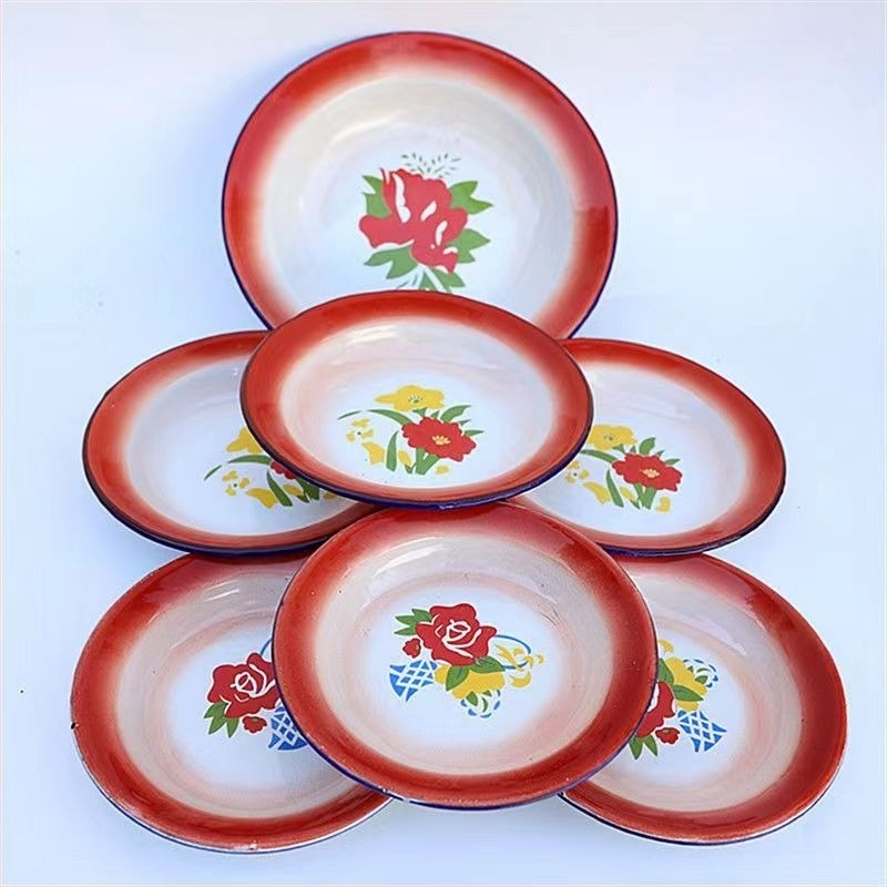 Εμαγιέ κυκλικό πιάτο σνακ με σχέδιο λουλουδιών, στυλ National Tide Wind, μη ασφαλές για φούρνο μικροκυμάτων