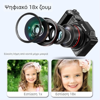 Κάμερα χωρίς καθρέπτη για βλόγ με φίλτρο ομορφιάς (64 MP CMOS αισθητήρας; 18x οπτικό zoom; 3.0'' LCD οθόνη; βίντεο 1080p; USB-C σύνδεση)