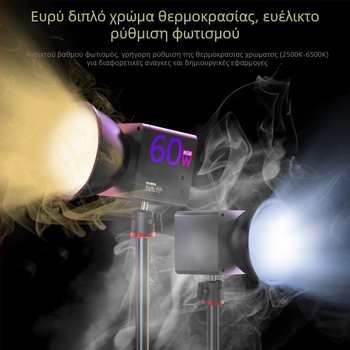 MAMEN Φορητό COB φως πλήρωσης 60W για ζωντανή μετάδοση και φωτογράφηση — Μοντέλο C60R-1, 51–100W, 2500K–9900K, τρεις θερμοκρασίες χρώματος, είσοδος 20V (USB-C/DC)