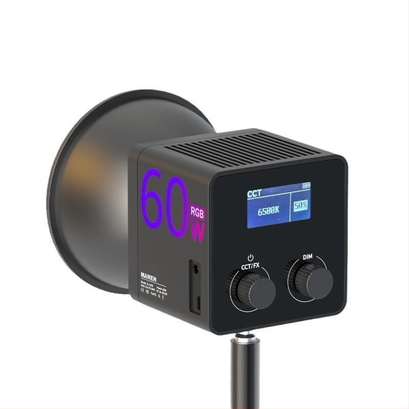 MAMEN Φορητό COB φως πλήρωσης 60W για ζωντανή μετάδοση και φωτογράφηση — Μοντέλο C60R-1, 51–100W, 2500K–9900K, τρεις θερμοκρασίες χρώματος, είσοδος 20V (USB-C/DC)