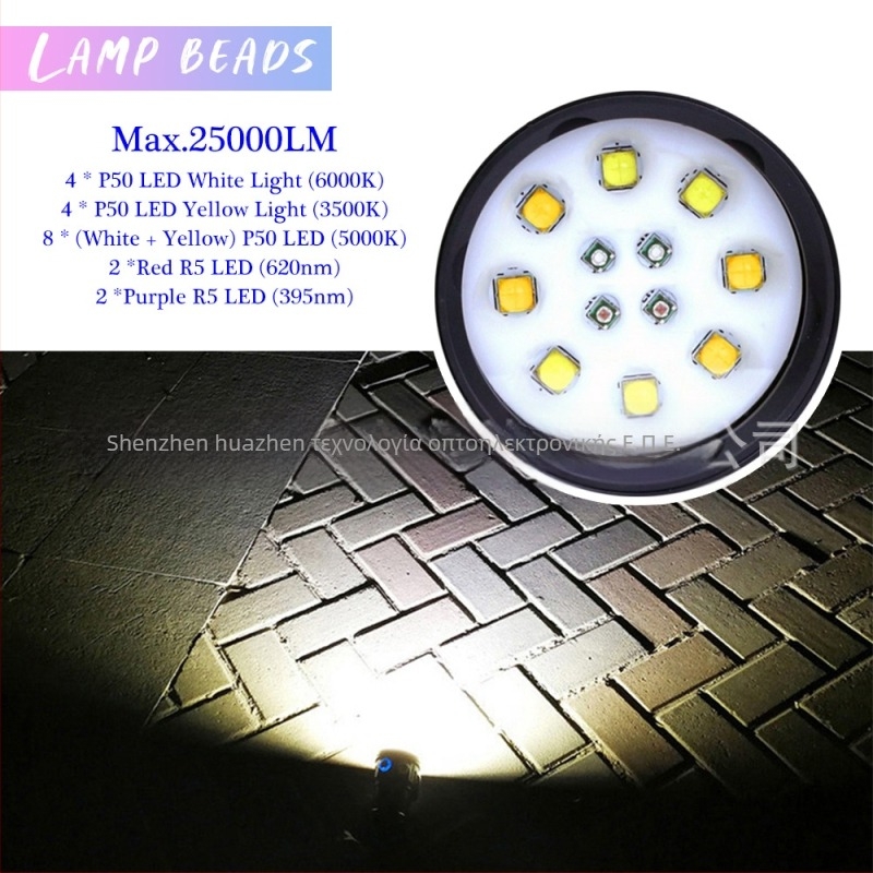 Φωτιστικό κατάδυσης για φωτογράφηση με USB φόρτιση, τετραχρωμη LED πηγή φωτός, 25.000 lumen, ενσωματωμένη μπαταρία, αλουμινένιο περίβλημα, asafee, προέλευση Σενζέν