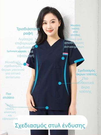 Unisex ιατρικό σετ ρούχων κοντών μανικιών (πάνω + παντελόνια) — ύφασμα που απομακρύνει την υγρασία (πολυεστέρας-βαμβάκι-ελαστάν), V-λαιμόκοψη, κανονικά μανίκια, για όλη τη σεζόν