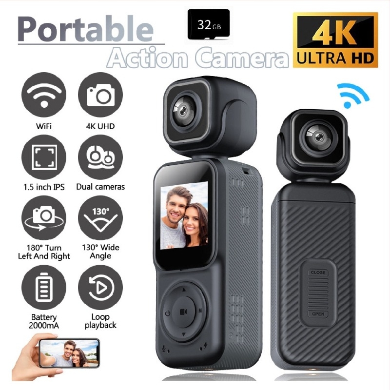 4K HD φορητή κάμερα με διπλό φακό και WiFi, clip κάμερα για αθλήματα, μοντέλο Q3, LCD 1.5 inch