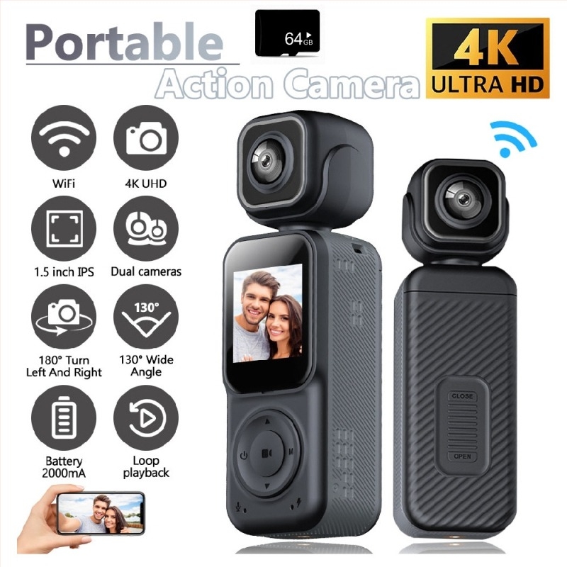 4K HD φορητή κάμερα με διπλό φακό και WiFi, clip κάμερα για αθλήματα, μοντέλο Q3, LCD 1.5 inch