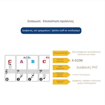 Σετ αυτοκόλλητων πλήκτρων πιάνου X-01ZM, PVC, Διαφανές, χωρίς κόλλα, OPP συσκευασία, για μουσικά όργανα με πλήκτρα