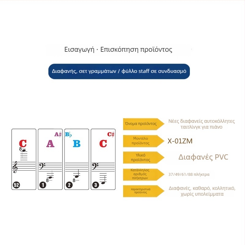 Σετ αυτοκόλλητων πλήκτρων πιάνου X-01ZM, PVC, Διαφανές, χωρίς κόλλα, OPP συσκευασία, για μουσικά όργανα με πλήκτρα