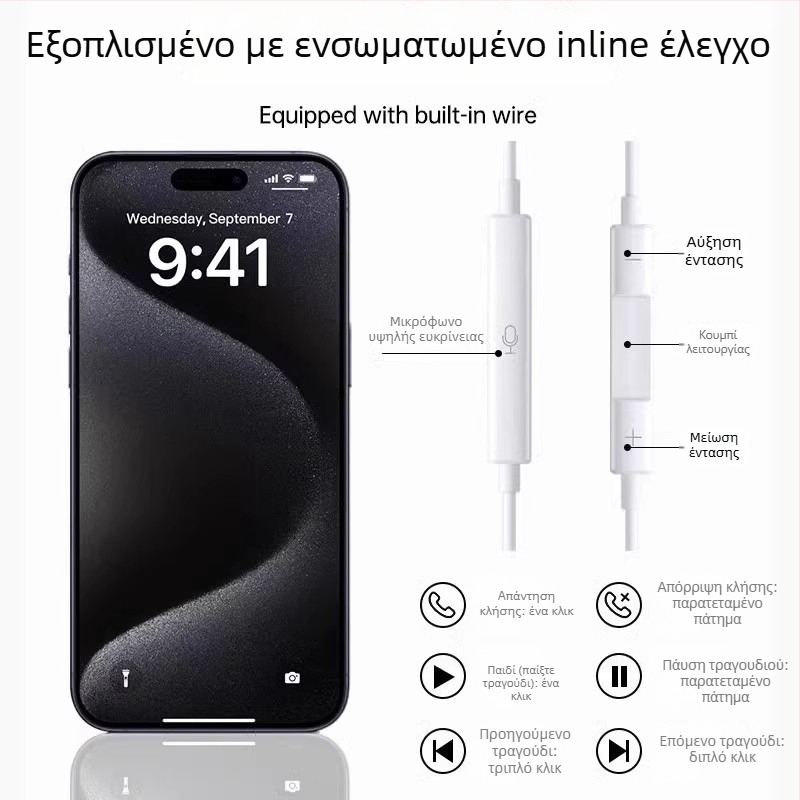 Ακουστικά ενσύρματα με βύσμα 3,5 mm για Apple iPhone 14, 14 mm driver, μήκος καλωδίου 1,2 m, ενσωματωμένο μικρόφωνο, εύρος συχνοτήτων 20–20000 Hz