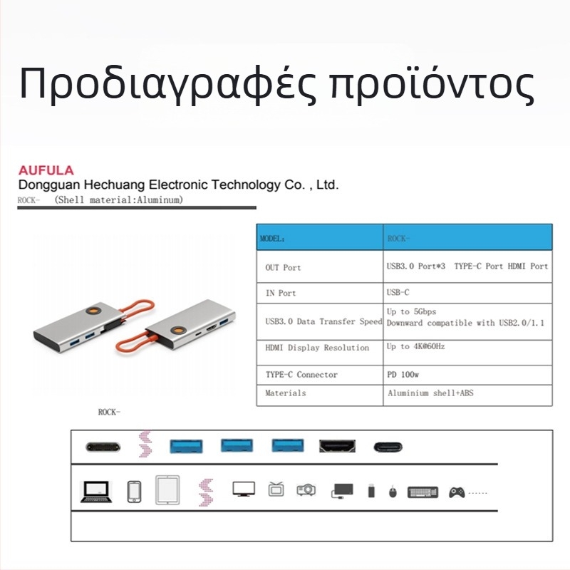 Type-C docking station με HDMI και USB 3.0 hub, 5-σε-1, 5Gbps, καλώδιο 0.15m, τροφοδοτούμενο μέσω USB, μοντέλο HC--D--019