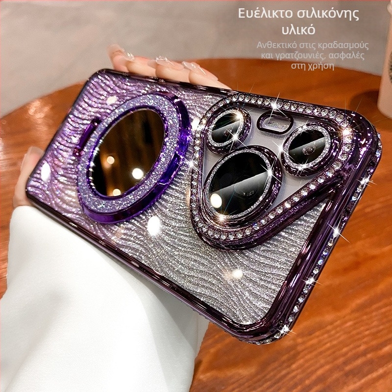 Θήκη σιλικόνης για Huawei Pura70/Pura70 Pro με κρύσταλλα, διαφανής αισθητικός σχεδιασμός, ενσωματωμένη βάση και απαγωγή θερμότητας