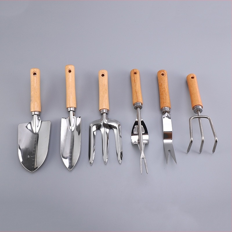 Hongcan σετ κήπου από ανοξείδωτο ατσάλι με ξύλινες λαβές, 6 τεμάχια, περιλαμβάνει φτυάρια και τριζόδοντο σκαλιστήρι για παρτέρια και χαλάρωση εδάφους