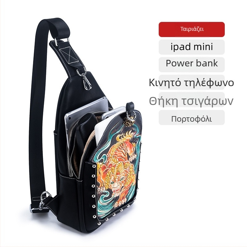 Ανδρική δερμάτινη τσάντα crossbody Naughty craftsman με χειροποίητη χαρακτική δέρματος, γνήσιο δέρμα, street trend, μεγάλη χωρητικότητα, μοτίβο ζώων