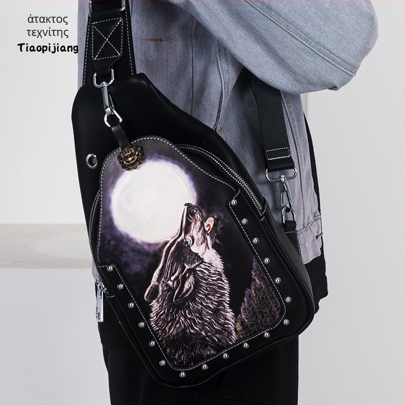Ανδρική δερμάτινη τσάντα crossbody Naughty craftsman με χειροποίητη χαρακτική δέρματος, γνήσιο δέρμα, street trend, μεγάλη χωρητικότητα, μοτίβο ζώων