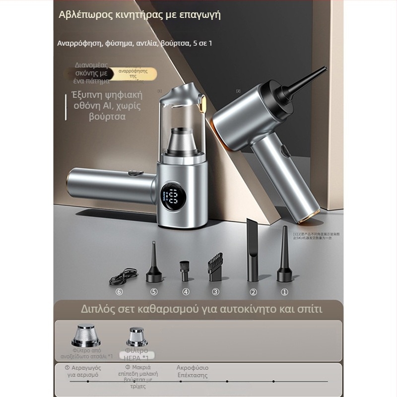 Ασύρματο χειροκίνητο ηλεκτρικό σκουπάκι αυτοκινήτου και σπιτιού με ψηφιακή οθόνη – 5 σε 1, ισχυρή αναρρόφηση (4100-5000 Pa, 120 W, ενσωματωμένη μπαταρία 1601-2000 mAh, θόρυβος 46-70 dB)