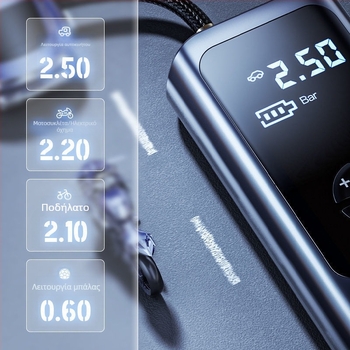 Έξυπνη αντλία αέρα αυτοκινήτου, μικρή ασύρματη ηλεκτρική φουσκωτήρα με LED φως, 12V 80W, 25 L/min, ψηφιακή οθόνη, USB τροφοδοσία και ενσωματωμένη τράπεζα ενέργειας