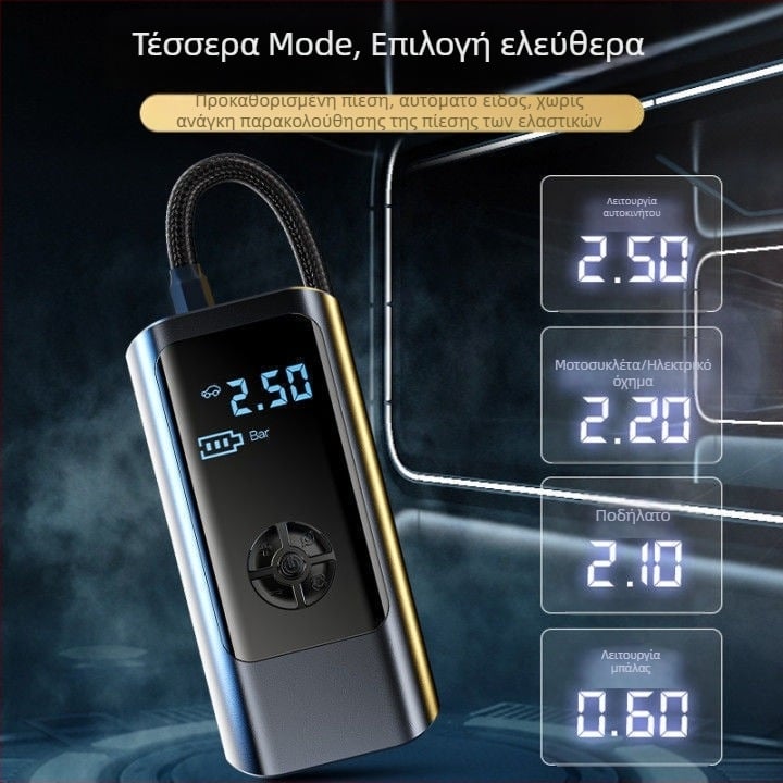 Έξυπνη αντλία αέρα αυτοκινήτου, μικρή ασύρματη ηλεκτρική φουσκωτήρα με LED φως, 12V 80W, 25 L/min, ψηφιακή οθόνη, USB τροφοδοσία και ενσωματωμένη τράπεζα ενέργειας