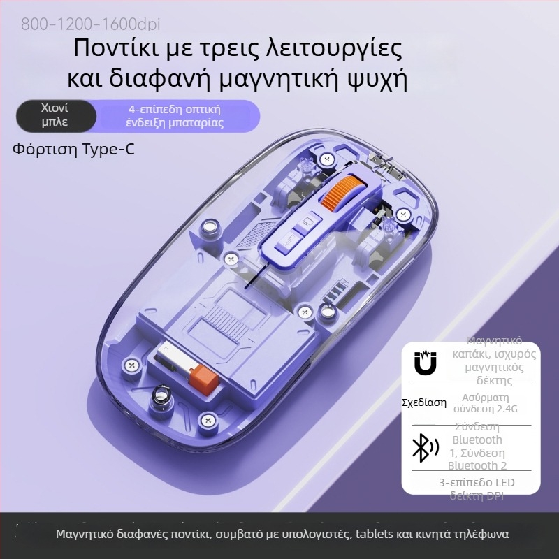 Ασύρματο ποντίκι, 2.4G + Bluetooth, 1600dpi, 5 πλήκτρα, εμβέλεια 10m, 76g, συμβατό με φορητό υπολογιστή