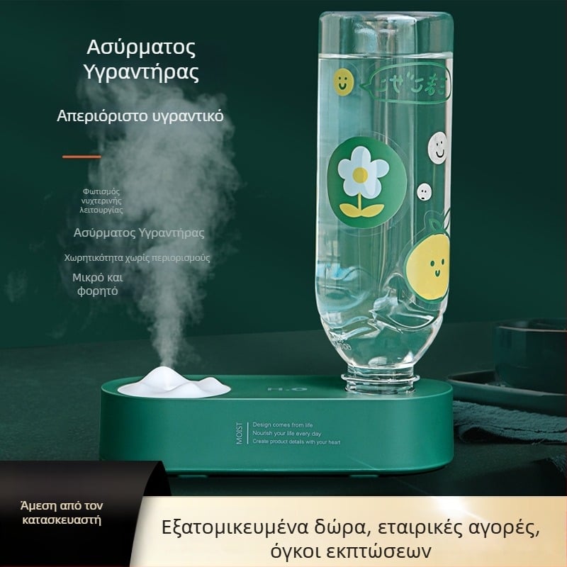 Υγραντήρας φιάλης νερού με τροφοδοσία USB, 1 έξοδος ομίχλης, δεξαμενή 1,0–2,5 L, για 31–40 τ.μ., αρωματοθεραπεία, σιωπηρή ατμοποίηση