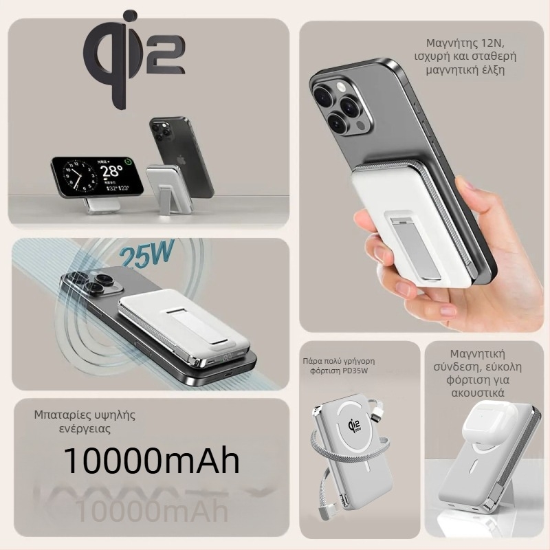 Power Bank με στερεά μπαταρία, ενσωματωμένο στήριγμα, μαγνητική ασύρματη φόρτιση 25W, Qi2.2 Πρωτόκολλο, Μέγ. Έξοδος 35W