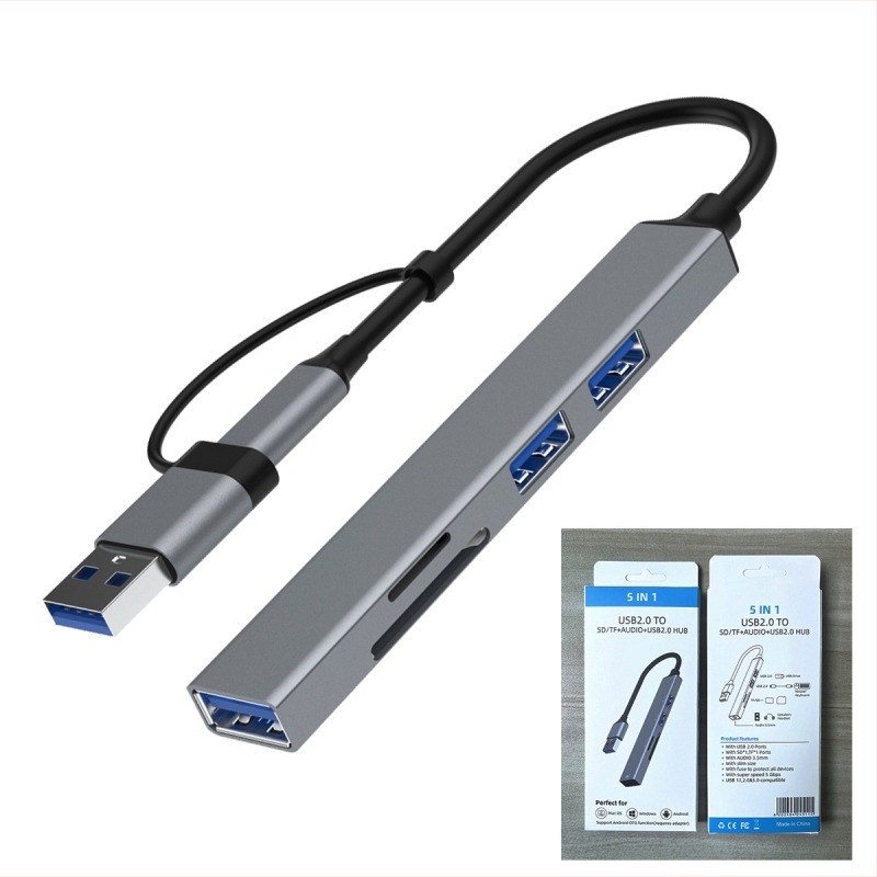 Αλουμινένιο κράμα πέντε σε ένα σταθμό σύνδεσης USB-C με αναγνώστη καρτών DP-36-3 USB 2.0×2 / USB 3.0×1