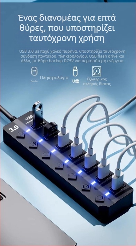 Hub USB 3.0 con 7 θύρες JR07, καλώδιο 30 cm, χωρίς εξωτερική τροφοδοσία, μεταφορά 5GB