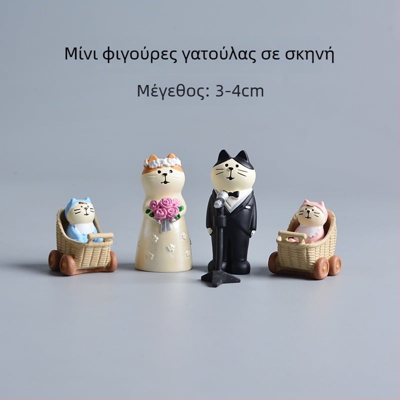 Topper τούρτας γάμου — φιγούρα νύφης και γαμπρού από ρητίνη, cartoon στυλ, μικρο-τοπίο
