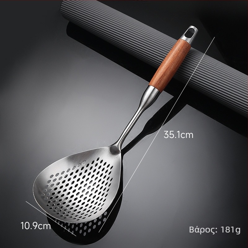 A good family μαγειρική σπάτουλα με διχτυωτή επιφάνεια από 201 ανοξείδωτο χάλυβα και λαβή από ατσάλι-ξύλο; μη κολλάει, αντιολισθητική, αντοχή σε υψηλές θερμοκρασίες; ιδανική για νούντλς, γεμιστά και κατσαρόλες.