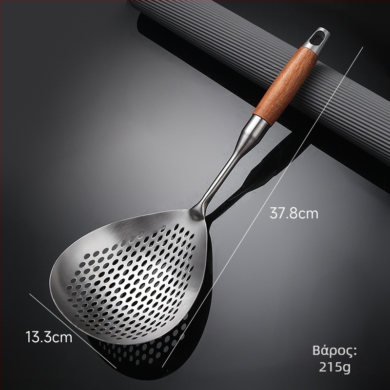A good family μαγειρική σπάτουλα με διχτυωτή επιφάνεια από 201 ανοξείδωτο χάλυβα και λαβή από ατσάλι-ξύλο; μη κολλάει, αντιολισθητική, αντοχή σε υψηλές θερμοκρασίες; ιδανική για νούντλς, γεμιστά και κατσαρόλες.