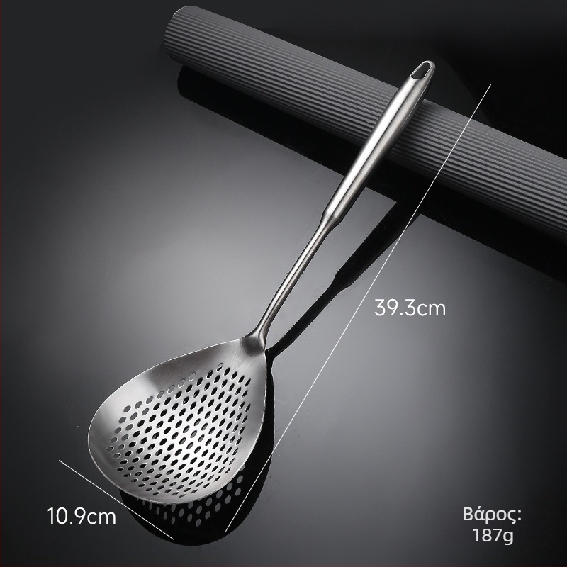 A good family μαγειρική σπάτουλα με διχτυωτή επιφάνεια από 201 ανοξείδωτο χάλυβα και λαβή από ατσάλι-ξύλο; μη κολλάει, αντιολισθητική, αντοχή σε υψηλές θερμοκρασίες; ιδανική για νούντλς, γεμιστά και κατσαρόλες.
