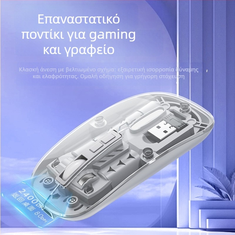 Ασύρματο Ποντίκι με διπλό χειρισμό 2.4G/Bluetooth, αθόρυτα κουμπιά, επαναφορτιζόμενο, 1400dpi, 5 πλήκτρα
