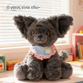 Λούτρινο γατάκι-κούκλα με δαντελένιο φουλάρι — απαλό κοντό ύφασμα, γέμισμα PP βαμβάκι, προσαρμοσμένα δείγματα, κατάλληλο για 7–14 ετών, unisex