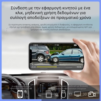 Κάμερα οδήγησης με εμπρός και πίσω διπλή κάμερα, 4K (2160P), 140° ευρυγώνιο πεδίο, Wi‑Fi, υποστήριξη TF κάρτας έως 256GB