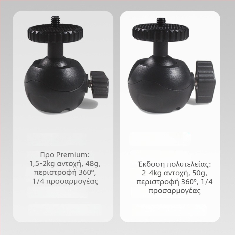 Οικουμενική Διαμαντόσφαιρα Κεφαλή για Κάμερα — 360° οριζόντια περιστροφή, 140° κάθετη περιστροφή; στήριξη με βίδα; Μέταλλο/ABS; Συμβατό με 1/4-ιντσών βίδες