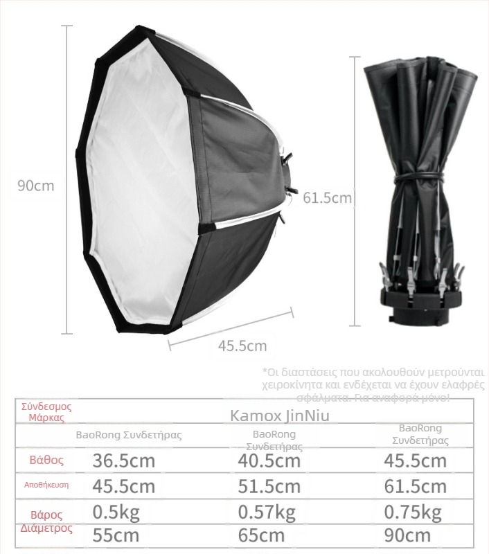 Kamox σετ φωτογραφίας, οκταγωνικό soft light box με LED, 55/65/90 cm, μεταλλική κατασκευή