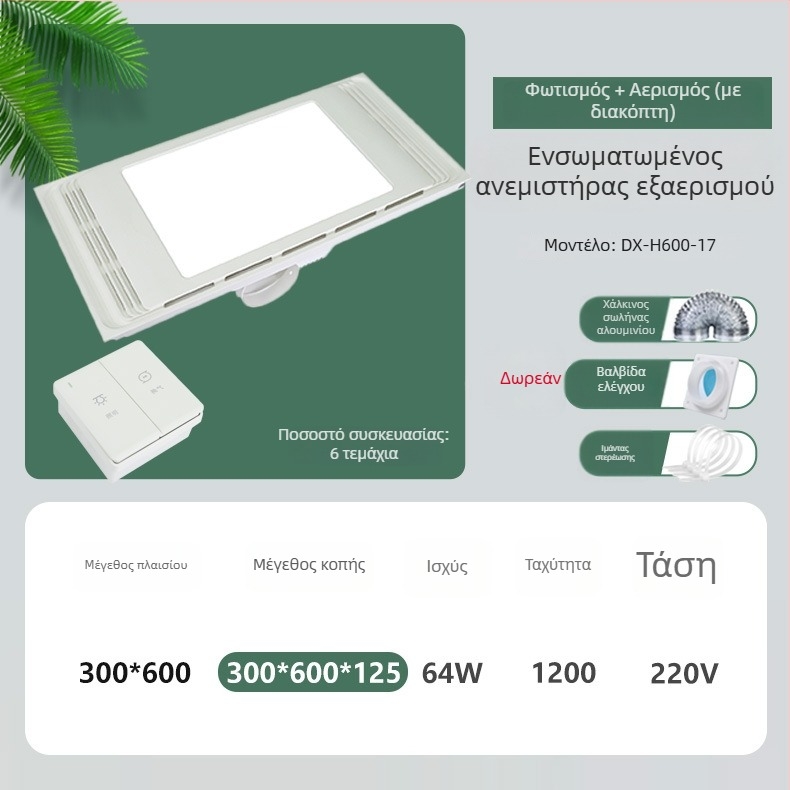 Ενσωματωμένος ανεμιστήρας οροφής εξαγωγής αέρα, μοντέλο DX-H600-17, 220V, 64W, 2 σε 1 με ήσυχο φωτισμό