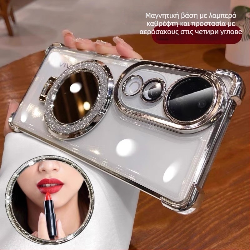 Θήκη κινητού vivo — ηλεκτροπλατιωμένη διαφανής προστασία από πτώσεις, με καθρέπτης μακιγιάζ και φακό X100, μαλακή