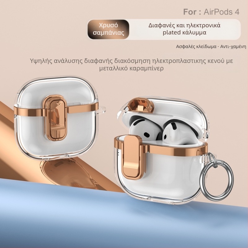 Θήκη προστασίας για Apple AirPods 4ης γενιάς με ηλεκτροπλατινωμένο μηχανισμό κλειδώματος, υψηλή διαφάνεια, TPU, έγχυση‑μορφοποίηση