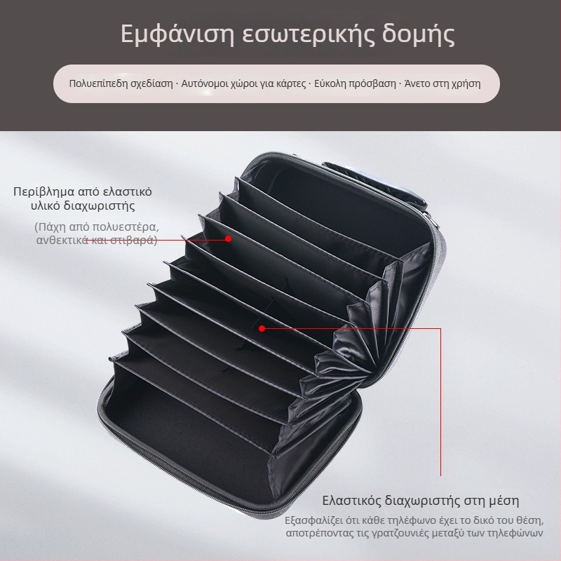 Τσάντα για κινητά τηλέφωνα με πολλαπλές θήκες καρτών, σκληρός θήκη τύπου κουτιού, Oxford ύφασμα, unisex, 16 smartphones