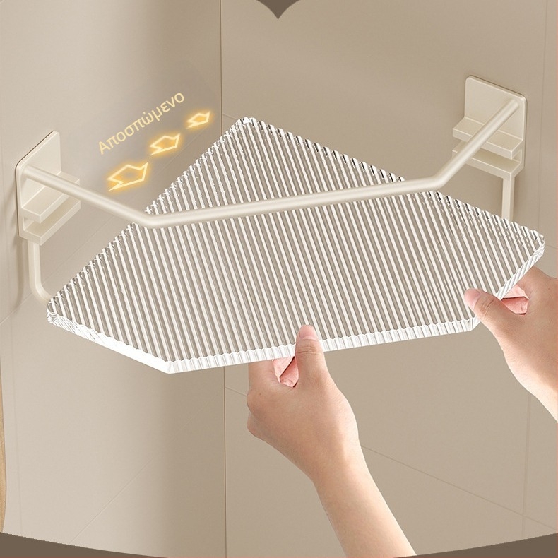 Μπάνιο τρίγωνο ράφι γωνιακής αποθήκευσης, χωρίς τρύπες, κατασκευή από πλαστικό και αλουμίνιο, επίστρωση βαφής baked, 1 ράφι, γωνία με σχήμα φαν