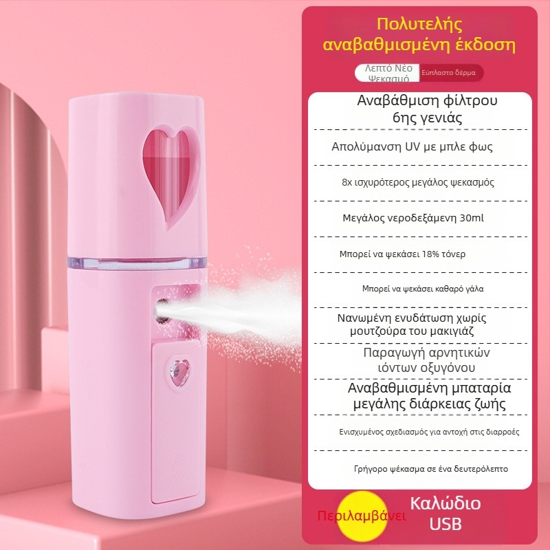 Χειροκίνητη συσκευή ενυδάτωσης με ψεκασμό – κρύος ψεκασμός, νανο ομίχλη, ενσωματωμένη μπαταρία 300–500 mAh, χρόνος ψεκασμού μέχρι 10 δευτερόλεπτα, 1ος τρόπος