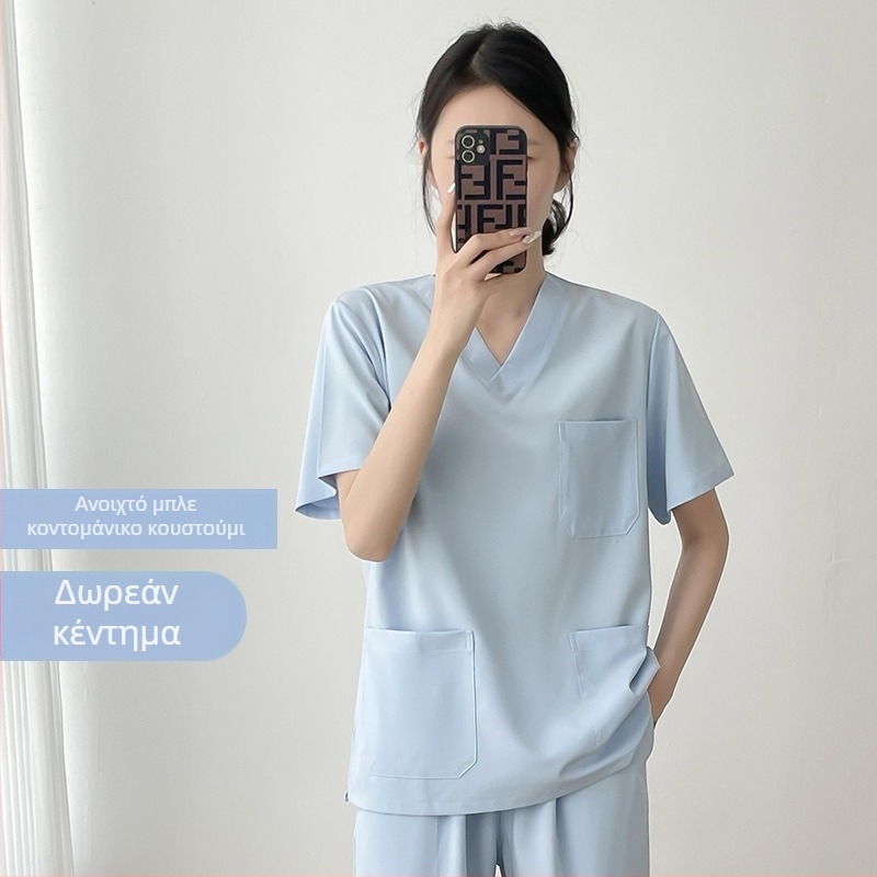 Σετ ιατρικών ρούχων unisex: κορυφή με V-λαιμό και παντελόνια, κοντομάνικη γραμμή, γρήγορα στεγνωμένο ύφασμα; πολυεστέρα-βαμβάκι (50–70% βαμβάκι); κατάλληλο για καλοκαίρι, άνοιξη, φθινόπωρο.