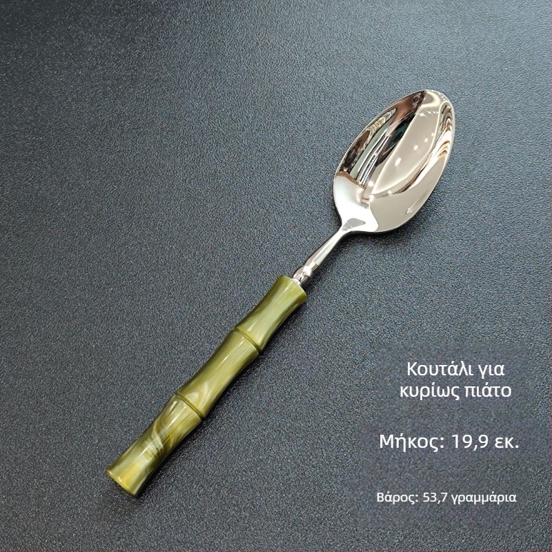 Σετ μαχαιροπίρουνα (μαχαίρι, πιρούνι και κουτάλι) – Χειροποίητο από ανοξείδωτο ατσάλι 304, σχέδιο με μπαμπού, γυαλιστερή επιφάνεια καθρέφτη, Νέου κινεζικού στυλ