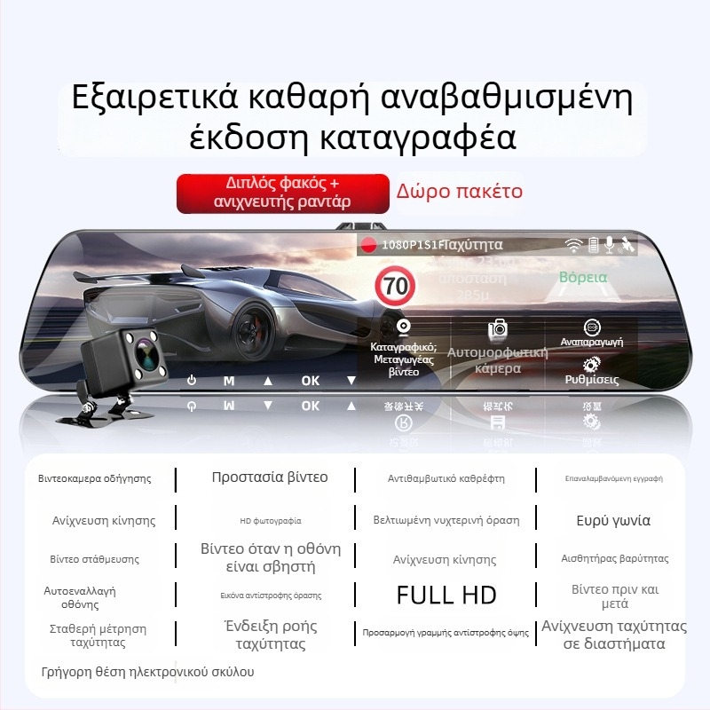 Dash cam αυτοκινήτου με μπροστινή και πίσω καταγραφή, 360° πανοραμική προβολή, F2.0, 1080p, 4MP