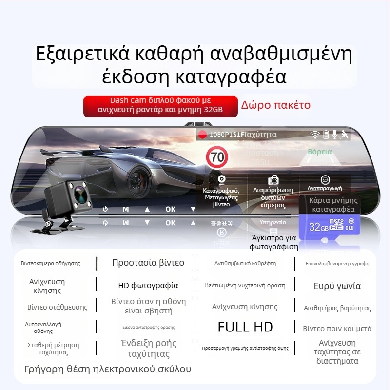 Dash cam αυτοκινήτου με μπροστινή και πίσω καταγραφή, 360° πανοραμική προβολή, F2.0, 1080p, 4MP