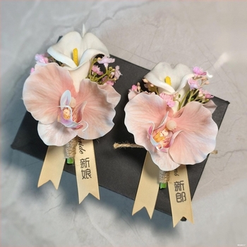 Κορσάζ γάμου με τεχνητά άνθη: Calla Lily και Butterfly Orchid, Unisex, κορσάζ γονέων, πλήρες σετ για οικογένεια, κατάλληλο για επιχειρηματικές συναντήσεις