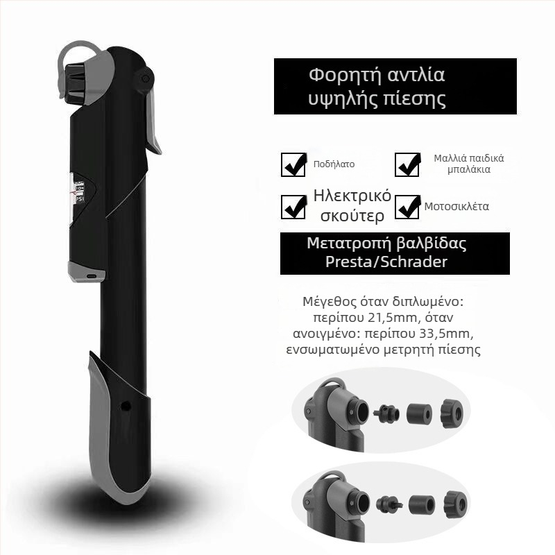 Μίνι φορητός χειροκίνητος αντλητής ποδηλάτου με μετρητή πίεσης αέρα (Μοντέλο 61, πλαστικό σώμα)